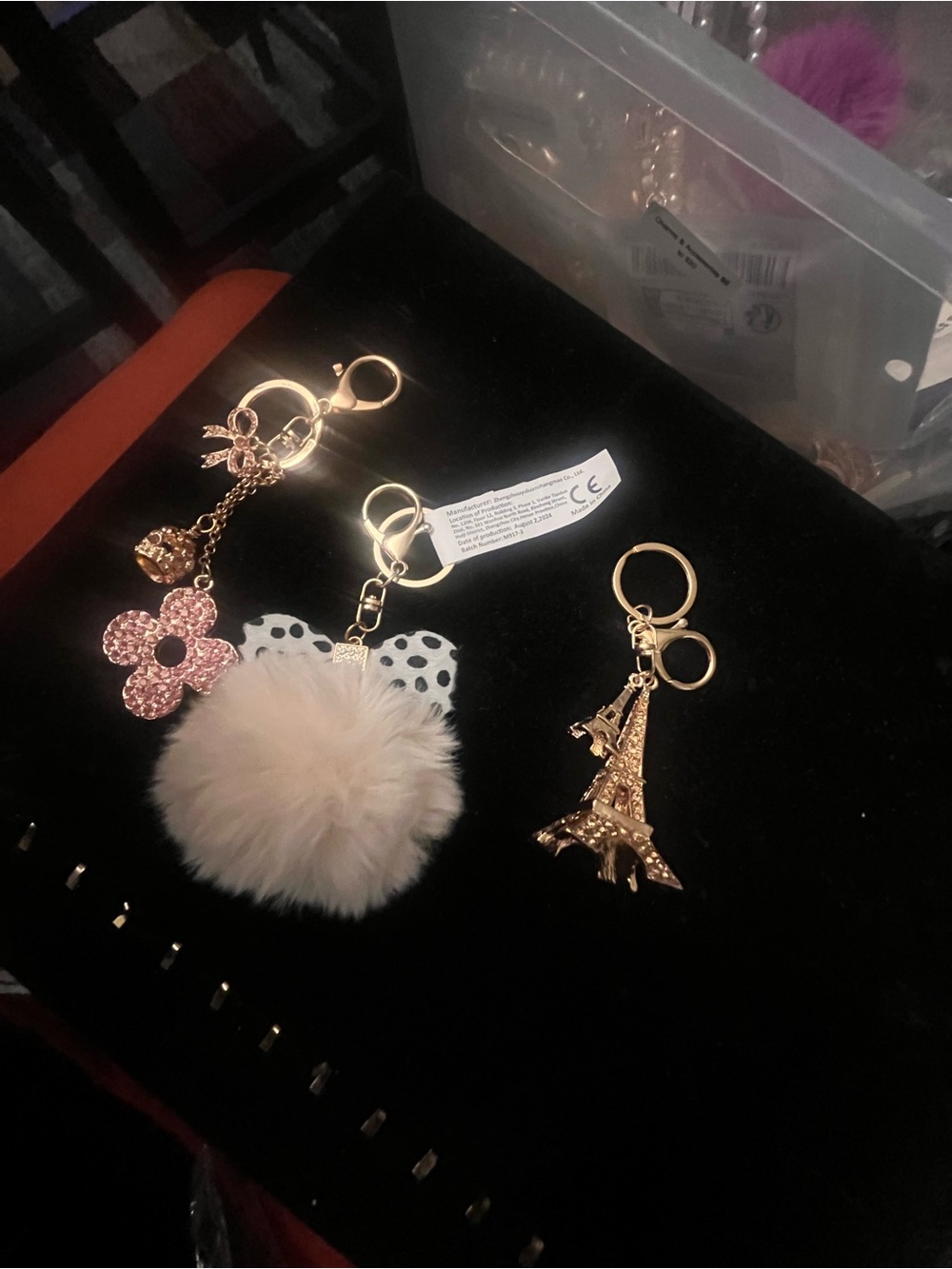 Gold-Tone Keychain Set with Cream Pom Pom and Pink Flower Charm